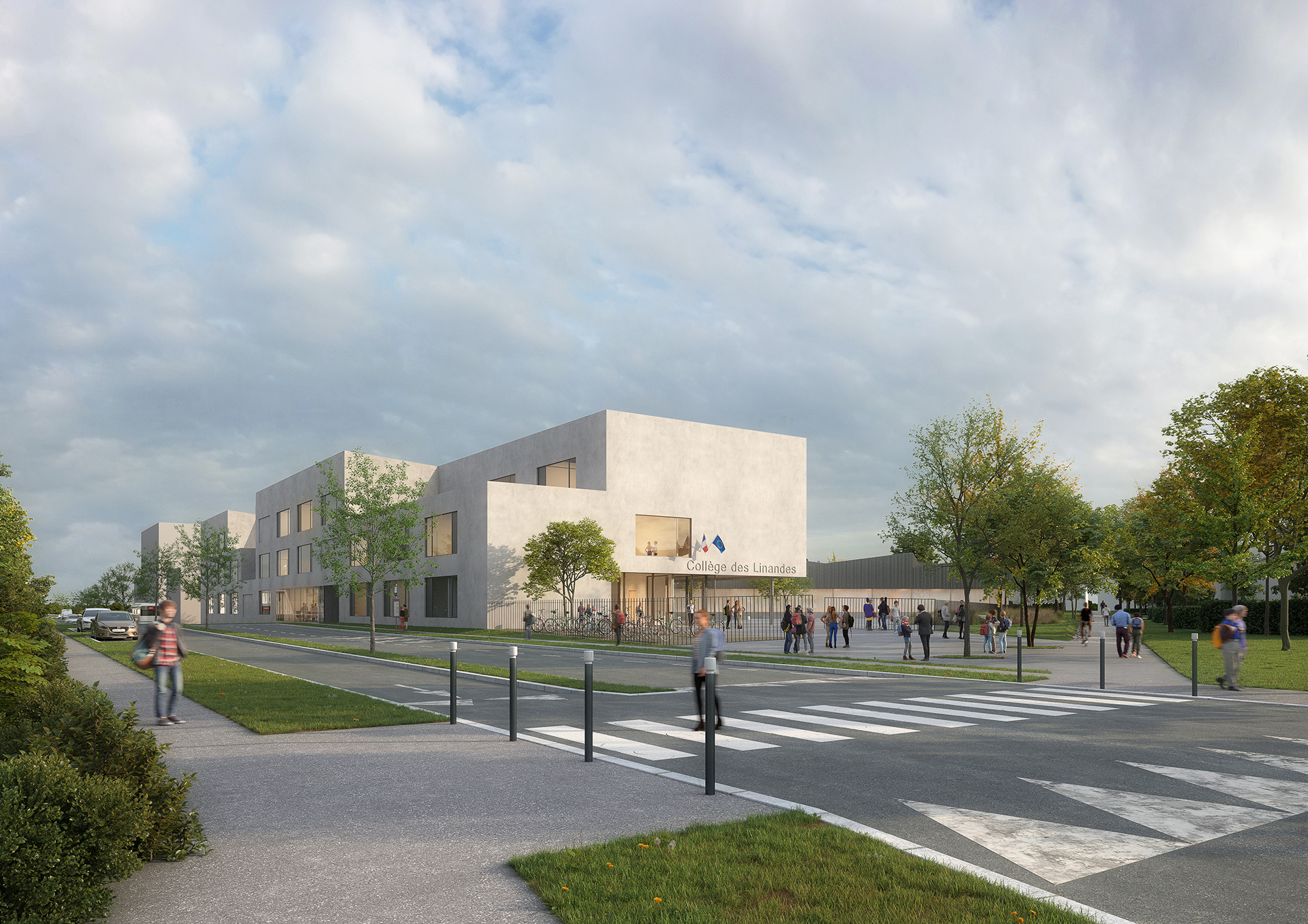 Studio Persevoir Gaëtan Le Penhuel Architectes Concours d'architecture du collège et gymnase des Linandandes Exterieur Cergy Pontoise Image 3D Perspective 3D