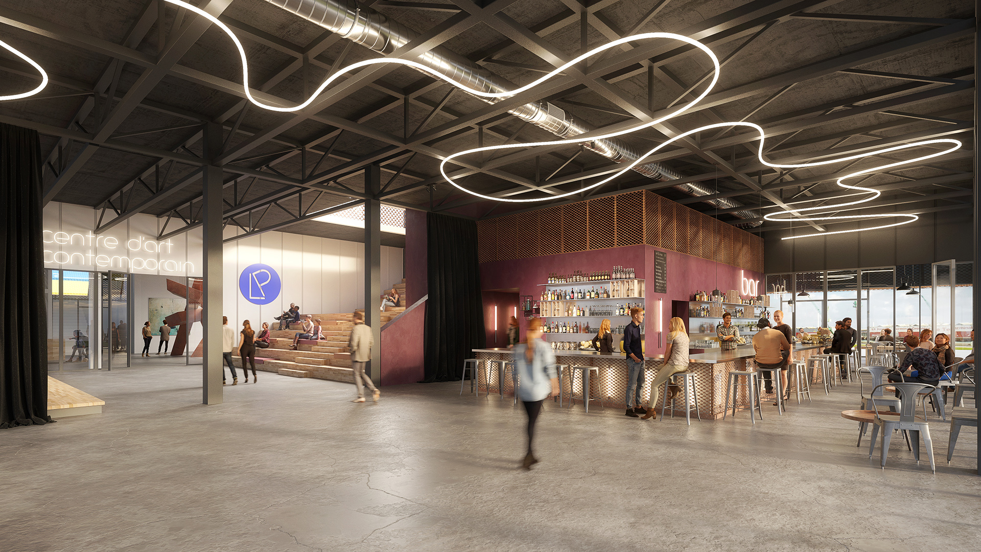 Studio Persevoir  Bettinger Desplanques Le Portique Espace André Graillot lieu culturel contemporain avec des expositions, un bar restaurant, des ateliers pour les enfants Image 3D Perspective 3D