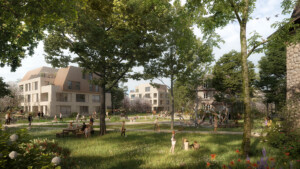 Image 3d du projet de concours de logements et d'un parc paysager à Versailles Saint Charles. Concours non lauréat en collaboration avec l'agence TN Plus, Gaetan Le Penhuel et Kaufman et Broad