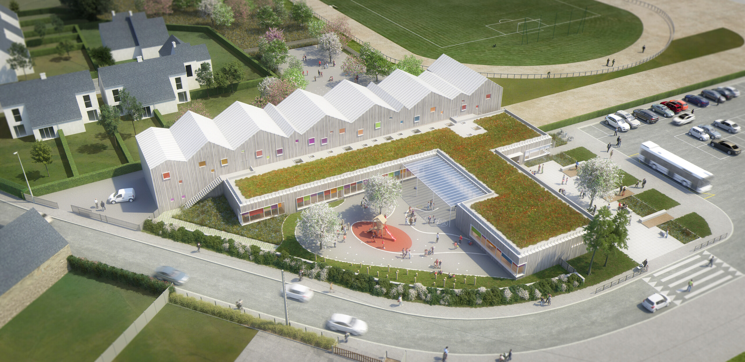 Studio Persevoir Bettinger Desplanques Aménagement Groupe Scolaire De La Ville Picauville Normandie Aérienne Image 3D Perspective 3D