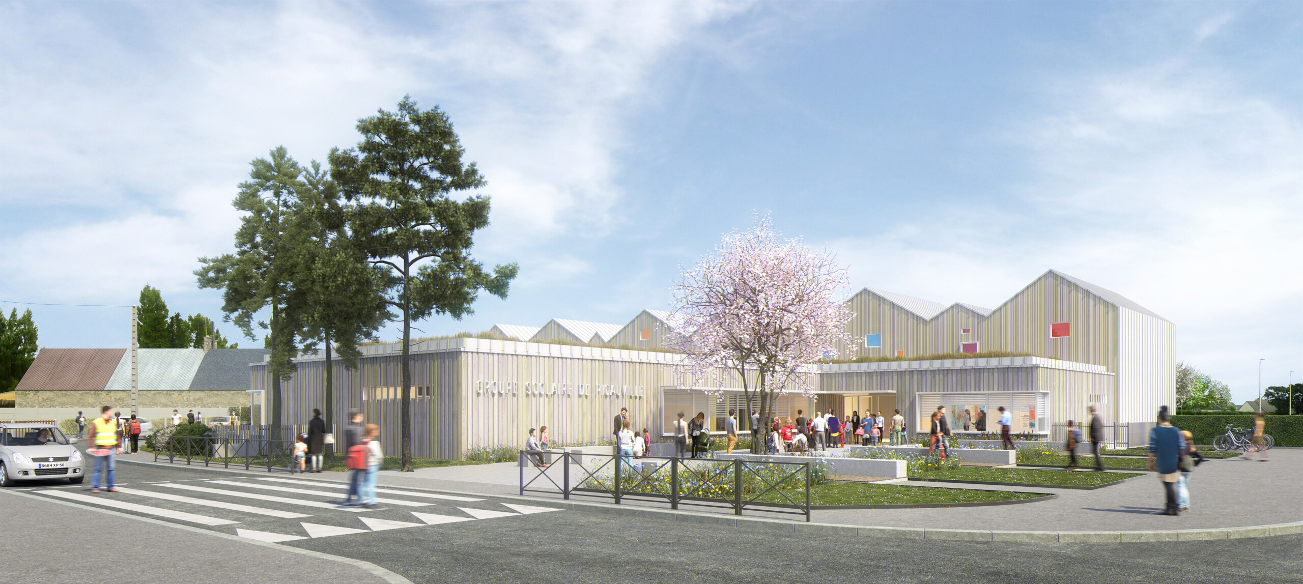 Studio Persevoir Bettinger Desplanques Aménagement Groupe Scolaire De La Ville Picauville Normandie Parvis Image 3D Perspective 3D