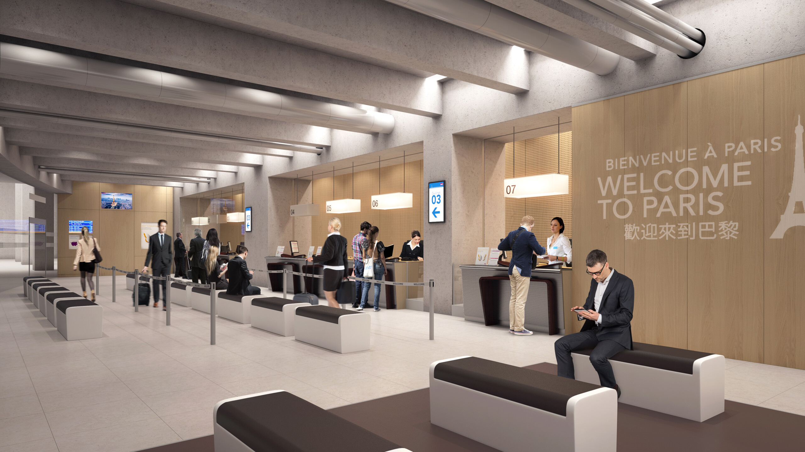 Studio Persevoir AREP Aménagement Espace d'attente Transilien Roissy Charles De Gaulle Paris Image 3D Perspective 3D