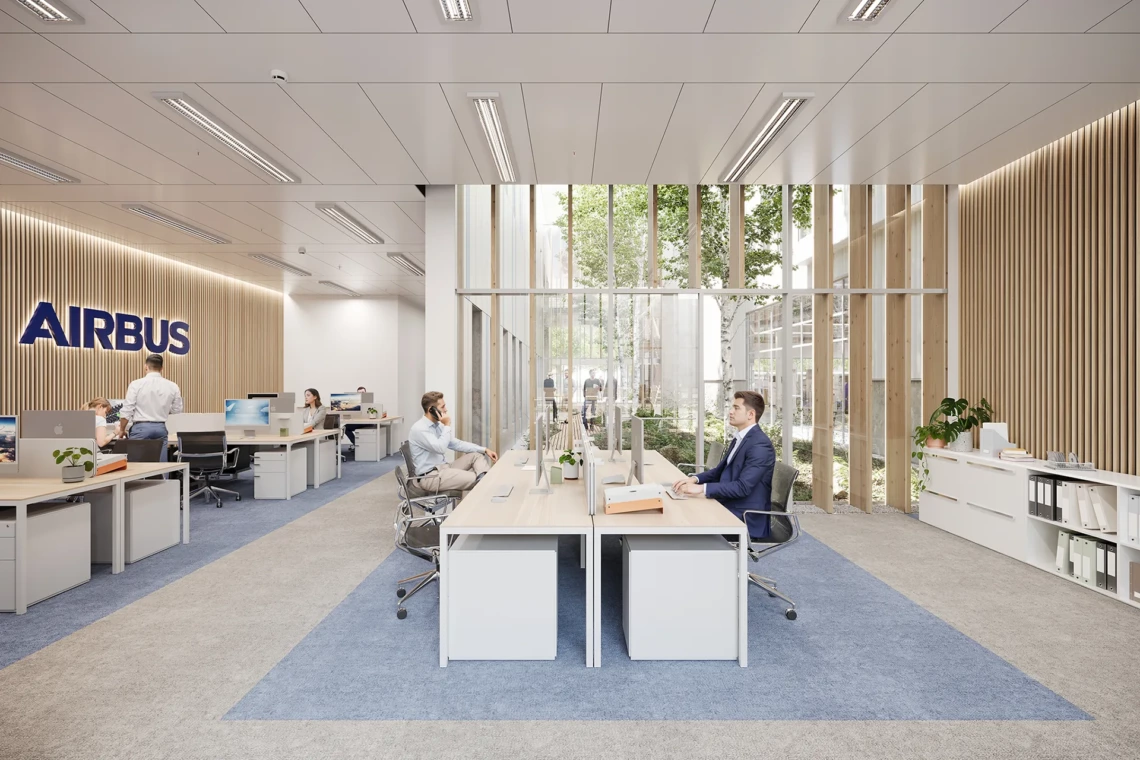 Visualisation 3D intérieure des bureaux d'études et du patio végétalisé sur le site Airbus