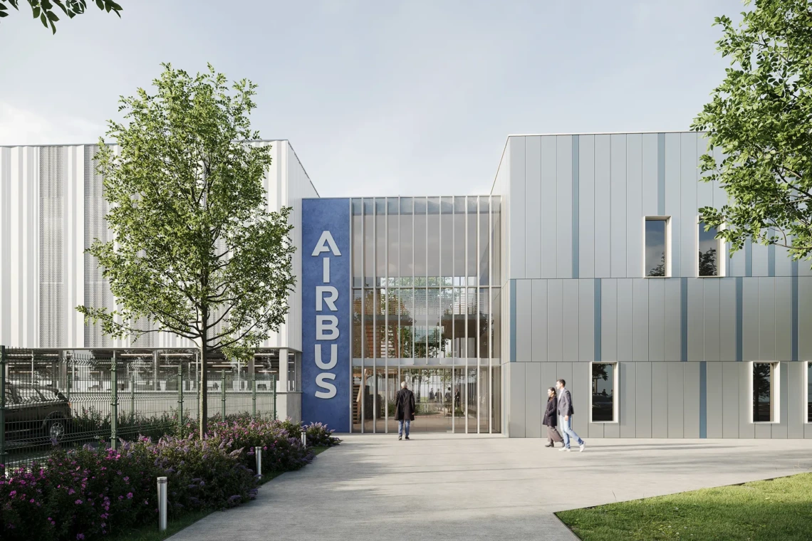 Perspective 3D extérieure de l'entrée principale du nouveau site Airbus Atlantic à Rochefort