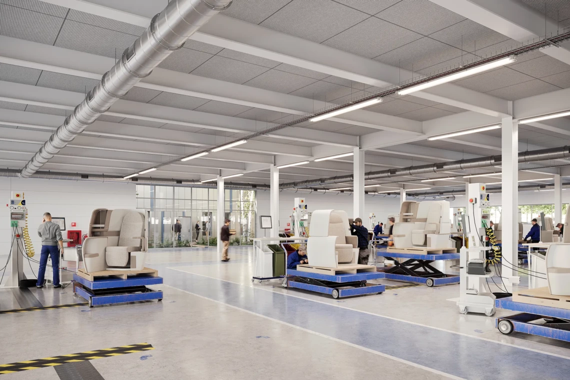 Rendu 3D intérieur de l'usine de production et chaîne de montage des sièges d'avions Airbus