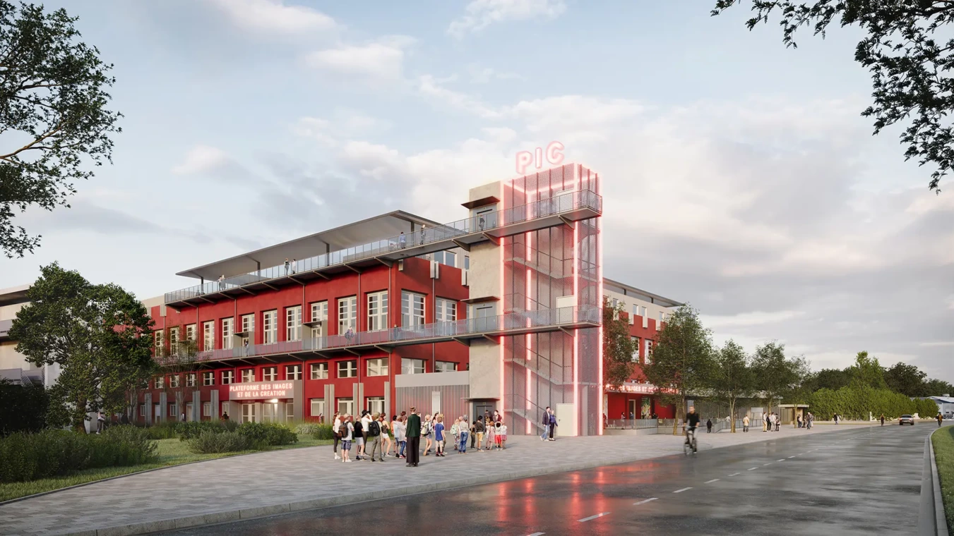 Perspective 3D extérieure de la nouvelle façade du pôle d'innovation à Amiens ancien centre de tri postal