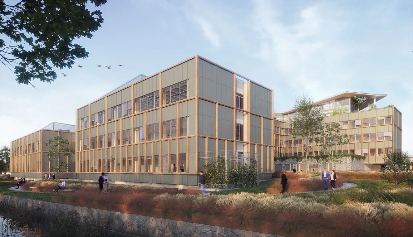 Visualisation 3D photoréaliste du cœur d'îlot paysager et des façades intérieures du siège social à Évreux