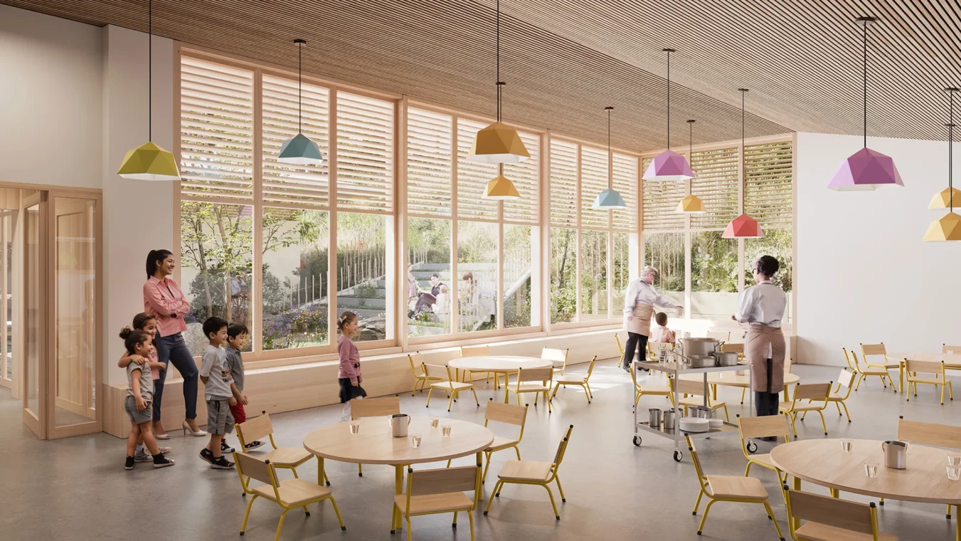 Rendu 3D intérieur de l'espace de restauration et réfectoire de l'école maternelle